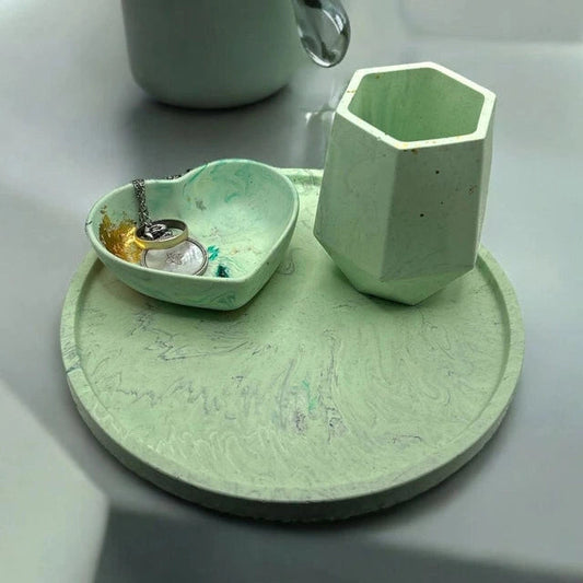 🌿 Plateau Rond avec Petit Pot &amp; Vide-Poche Fleur en Jesmonite – Vert & Vert Foncé Epoxy Kawaii