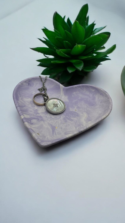 💜 Vide-Poche en Forme de Cœur en Jesmonite – Violet & Blanc Marbré Epoxy Kawaii