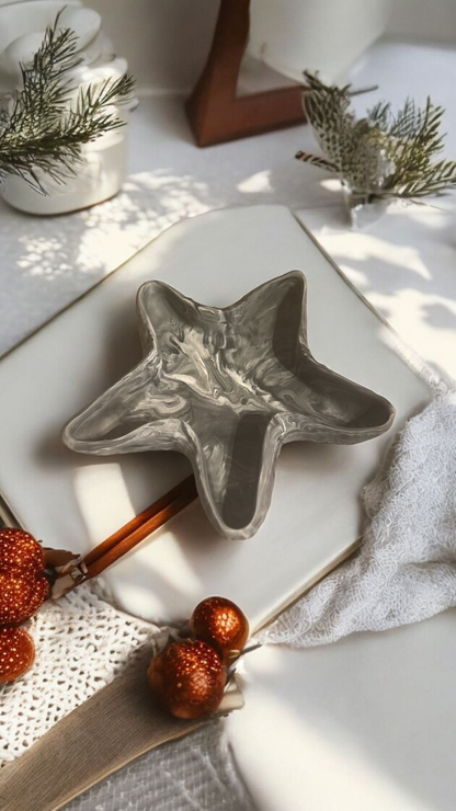 🖤 Vide-Poche Étoile de Mer en Jesmonite – Marbré Noir, Gris & Blanc Epoxy Kawaii
