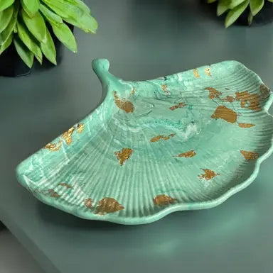 🌿 Vide-Poche Feuille de Ginkgo – Vert Marbré & Feuille Dorée Epoxy Kawaii