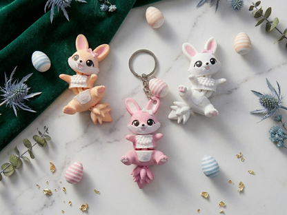 Trois lapins de Pâques articulés Fluffy Tails sur fond marbre avec œufs pastel