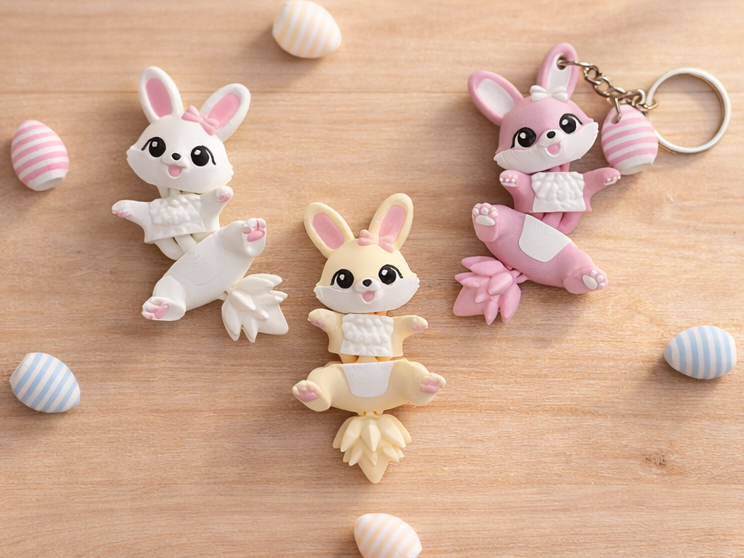 Trois lapins de Pâques articulés Fluffy Tails sur bois avec œufs pastel