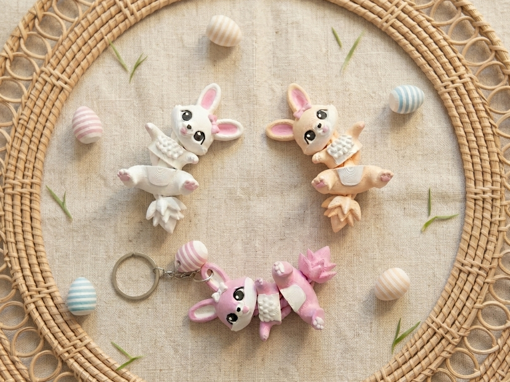 Lapins de Pâques articulés Fluffy Tails présentés dans un décor naturel avec œufs pastel