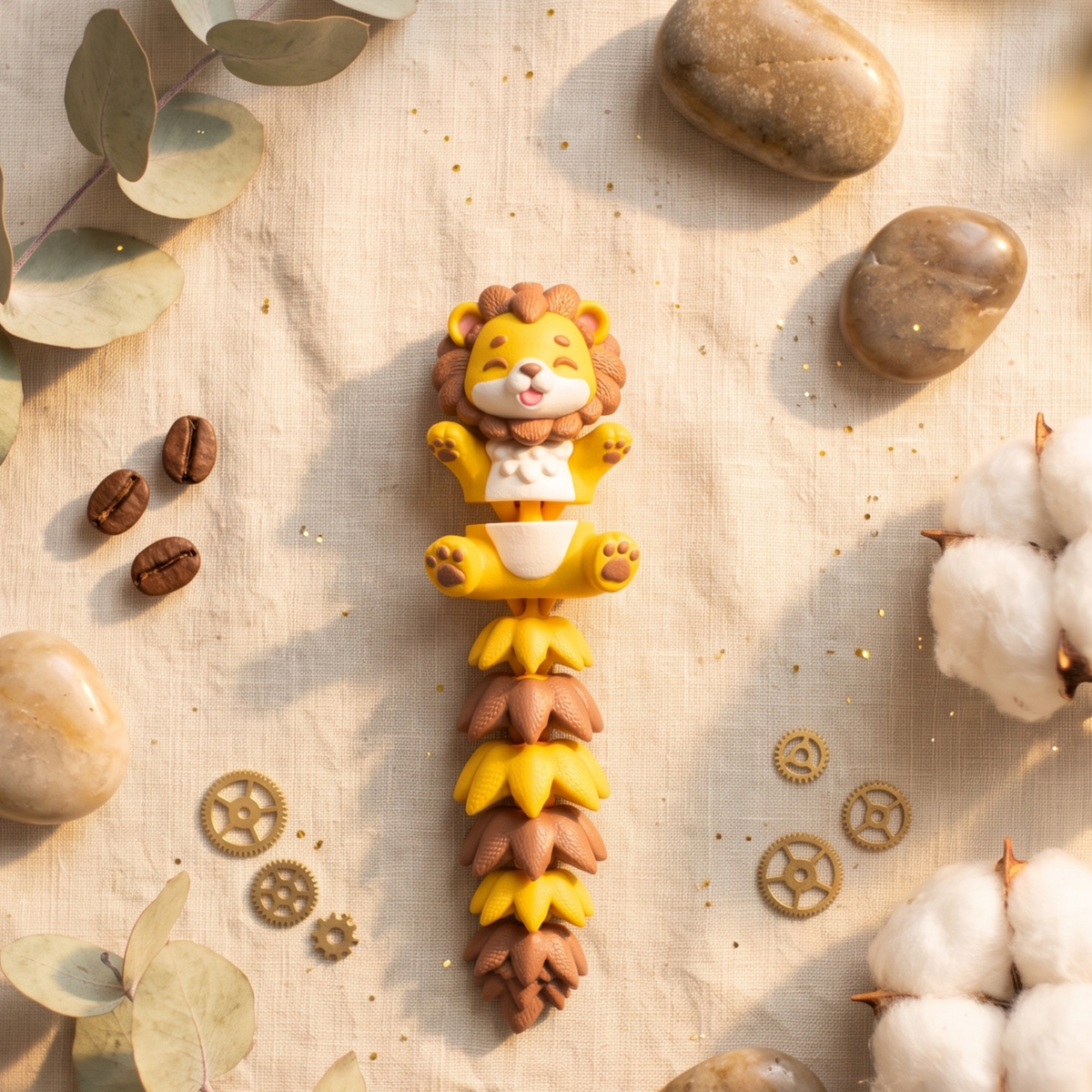 Lion kawaii articulé avec queue feuillue jaune et marron, entouré de pierres décoratives