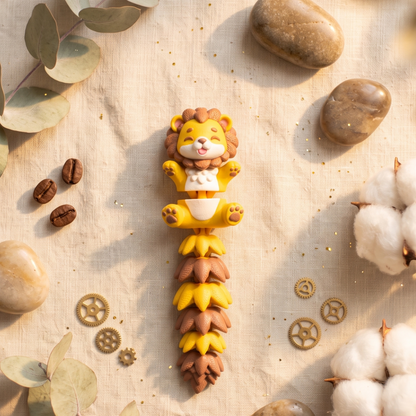 Lion kawaii articulé avec queue feuillue jaune et marron, entouré de pierres décoratives