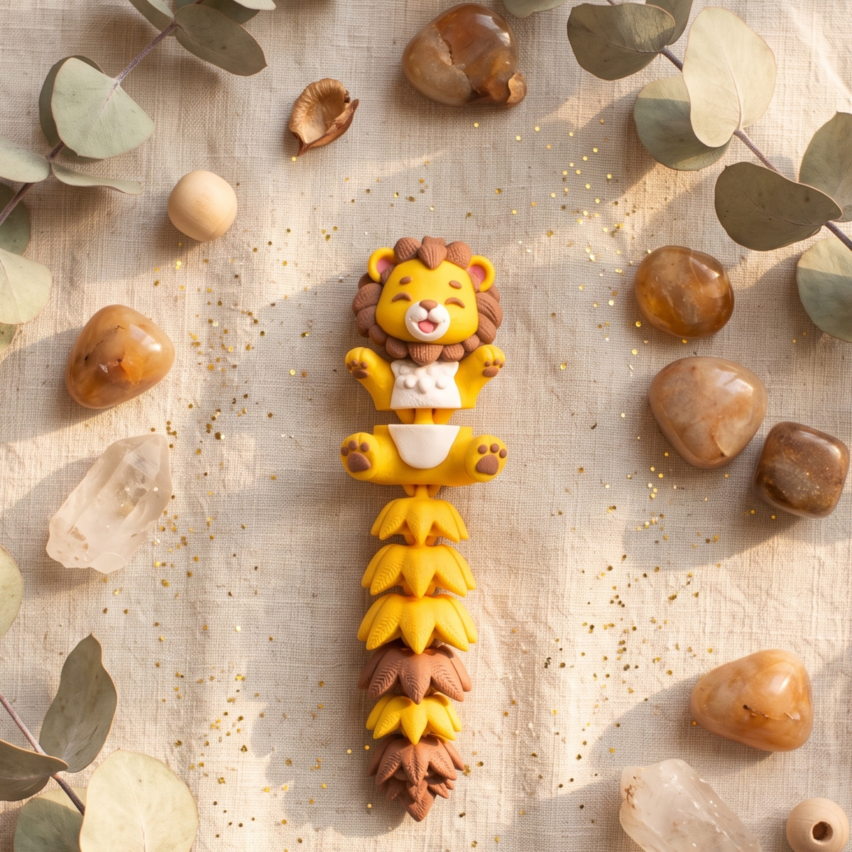 Lion articulé kawaii jaune avec crinière marron et longue queue feuillue multicolore