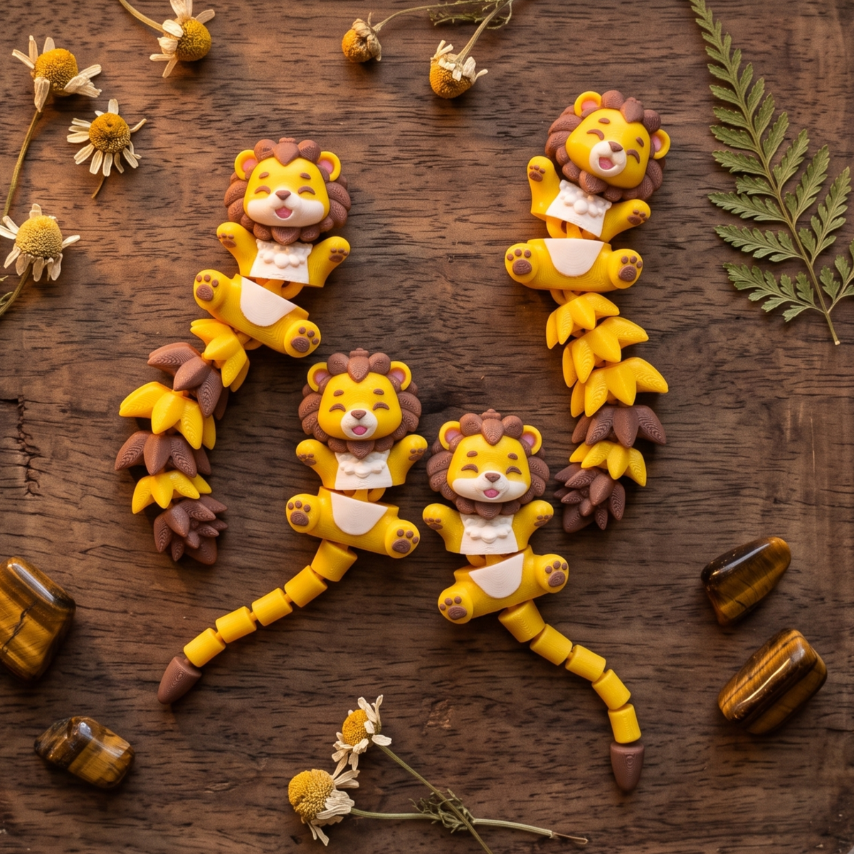 Quatre lions kawaii avec queues mobiles classiques et feuillues sur fond en bois