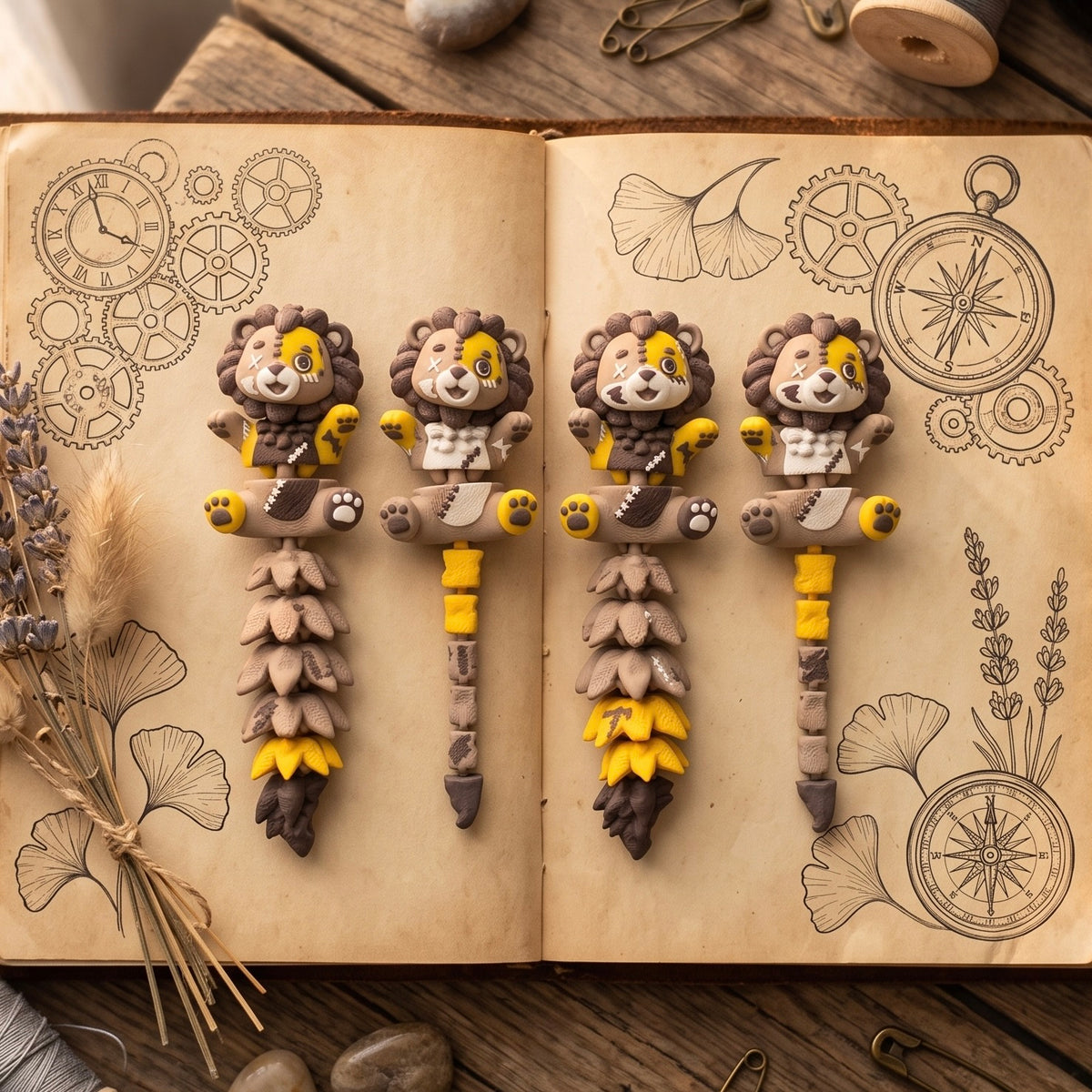 Quatre modèles de porte-clés lions Halloween sur un décor vintage
