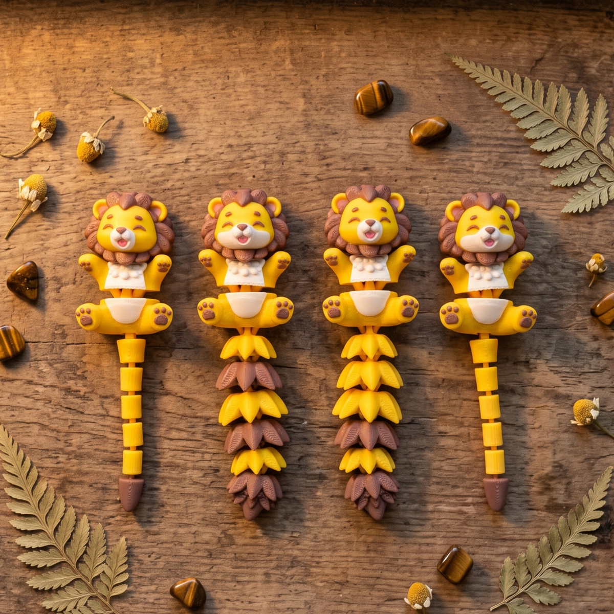 Les quatre variantes de lions kawaii articulés alignées sur une table en bois