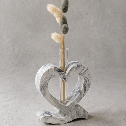 Soliflore cœur en jesmonite blanc noir effet marbré avec fleurs séchées décoration artisanale moderne