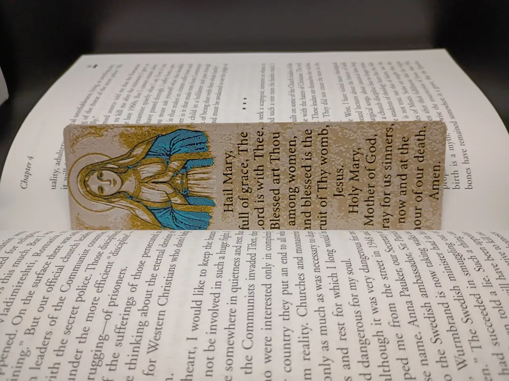 Marque-page Ave Maria beige et bleu avec texte de prière