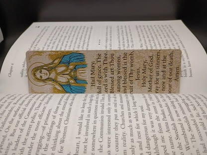 Marque-page Ave Maria beige et bleu avec texte de prière