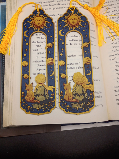 Détail des marque-pages 3D Compagnons Cosmiques bleu indigo et doré