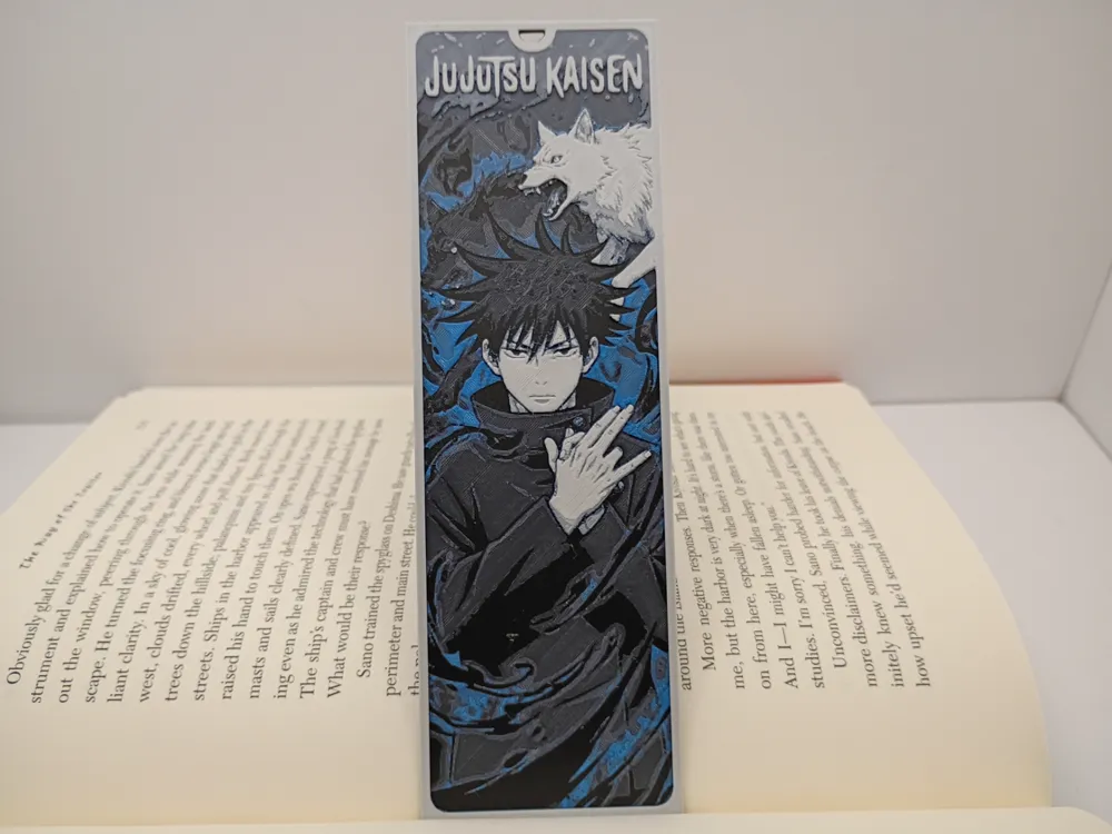 Marque-page 3D Jujutsu Kaisen Megumi Fushiguro posé dans un livre ouvert