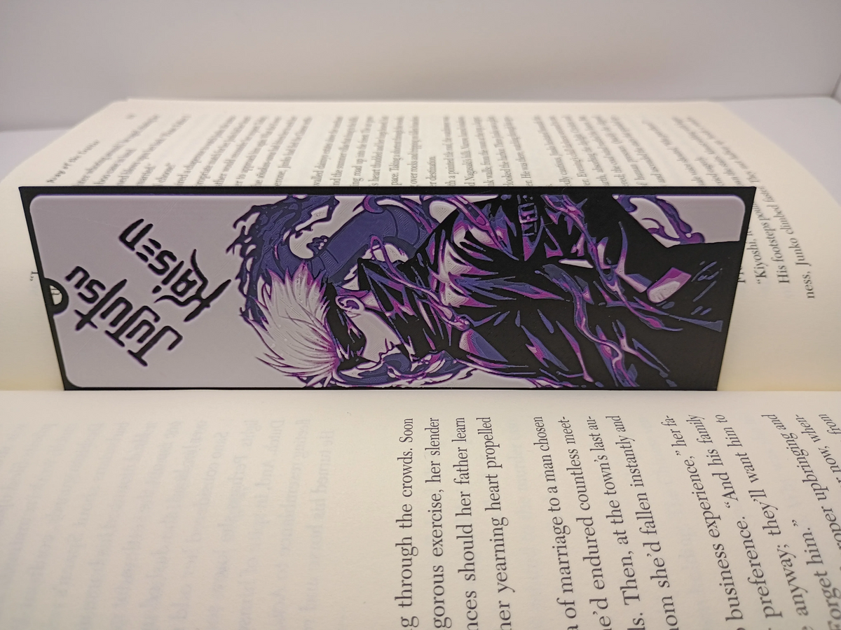 Marque-page 3D Satoru Gojo Jujutsu Kaisen à plat dans un livre
