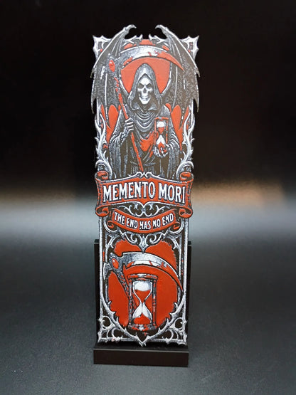 Marque-page Memento Mori gothique rouge et noir avec faucheuse