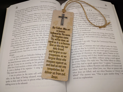 Marque-page Notre Père avec croix et cordon en jute