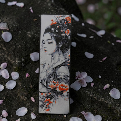Marque-page femme japonaise sakura en impression 3D noir et blanc avec touches rouges disponible en 3 modèles