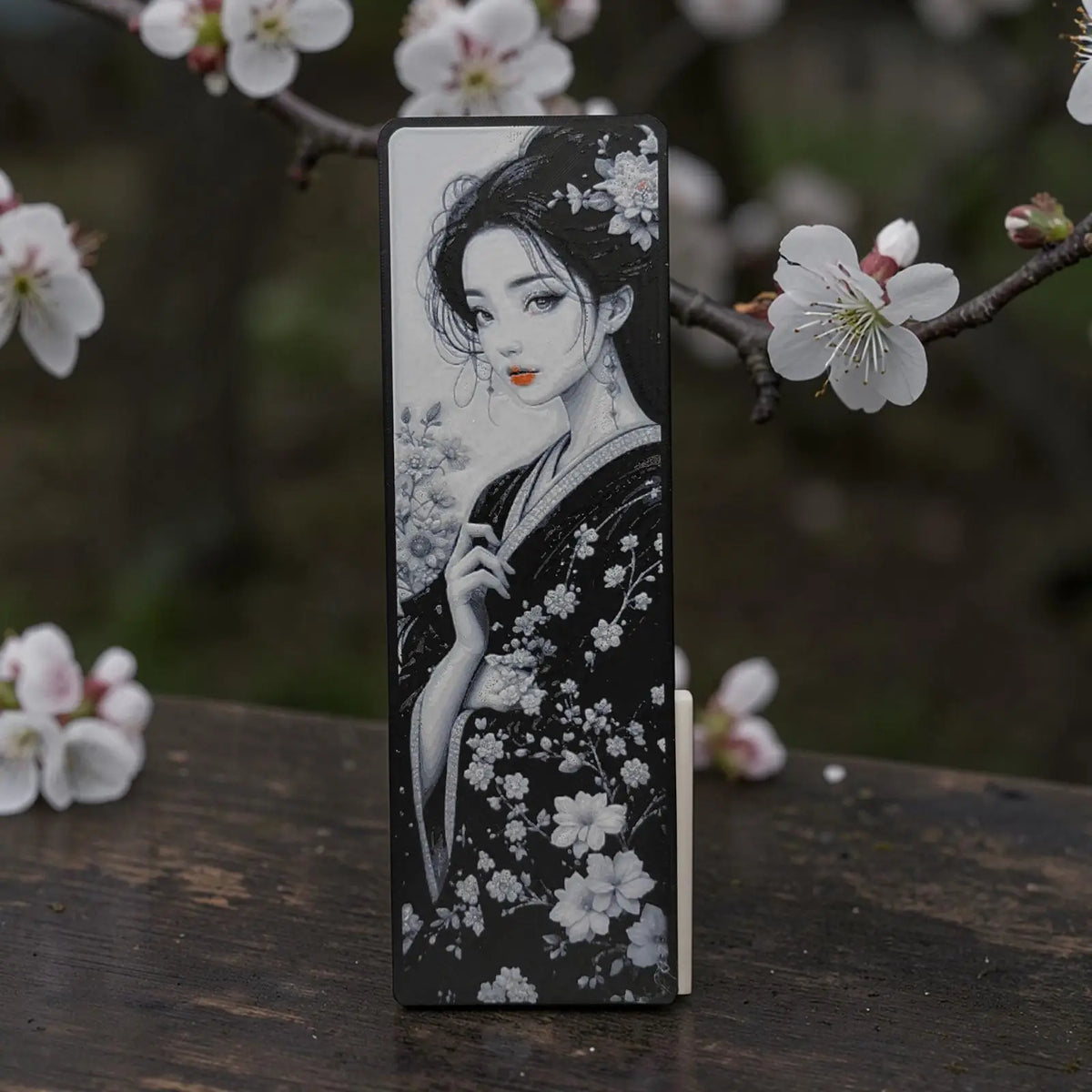 Marque-page femme japonaise sakura en impression 3D noir et blanc avec touches rouges disponible en 3 modèles
