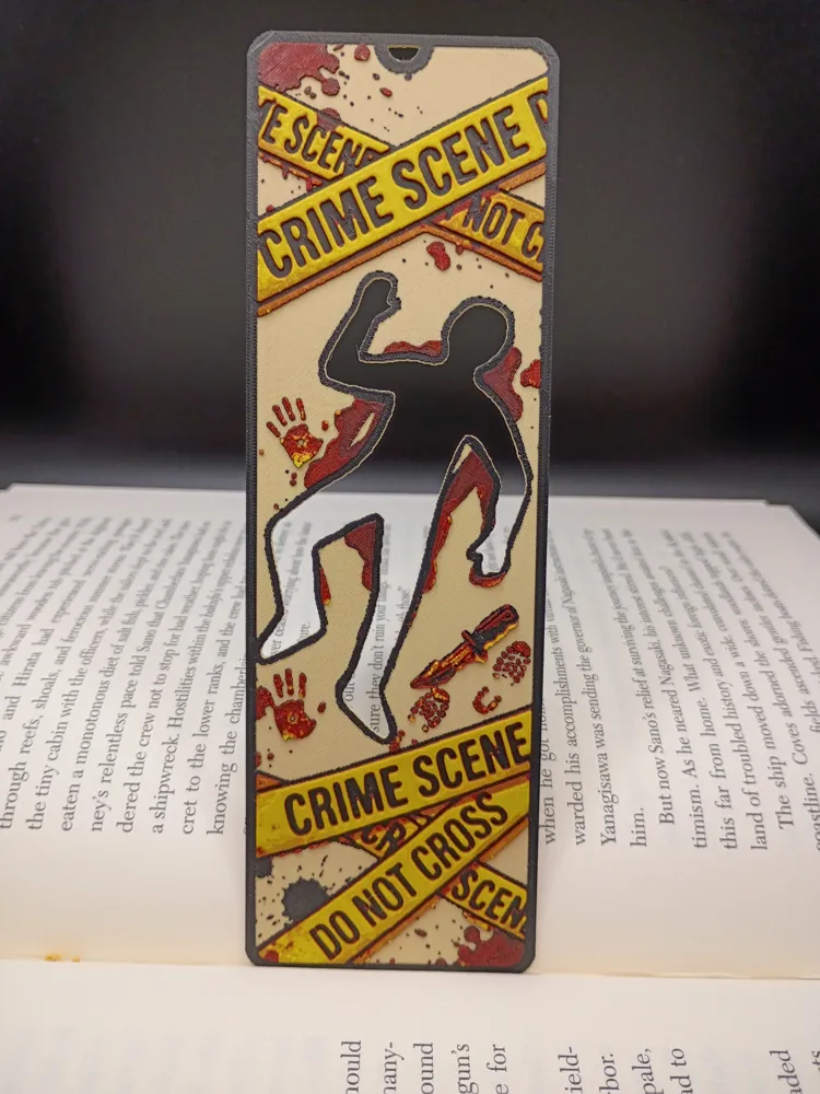 Marque-page 3D Scène de crime vu de face avec silhouette et rubans jaunes
