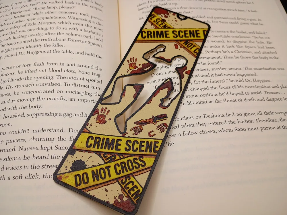 Marque-page 3D Scène de crime posé sur les pages d'un roman policier