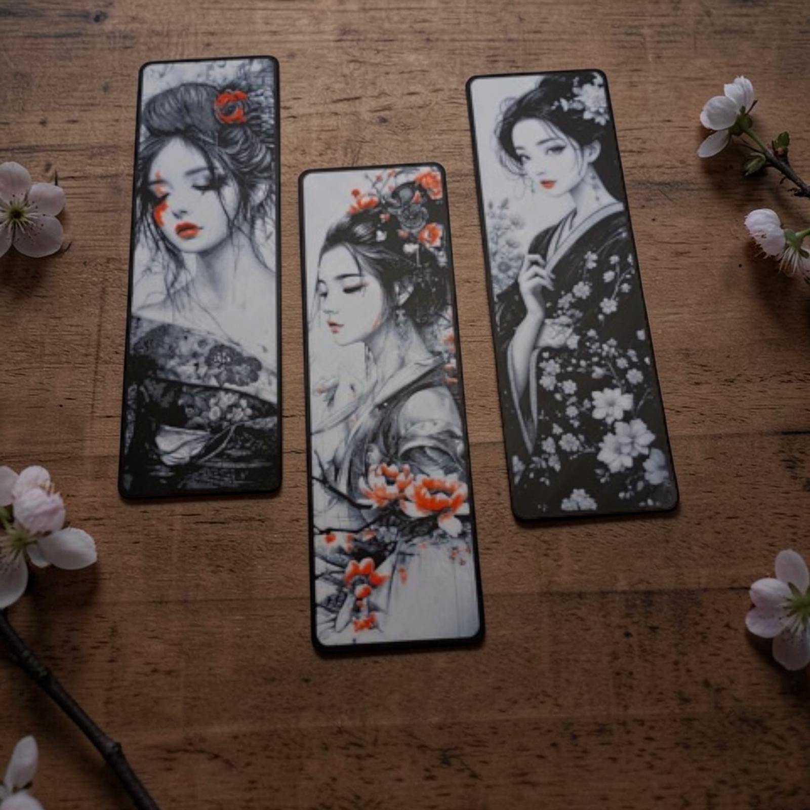Marque-page femme japonaise sakura en impression 3D noir et blanc avec touches rouges disponible en 3 modèles