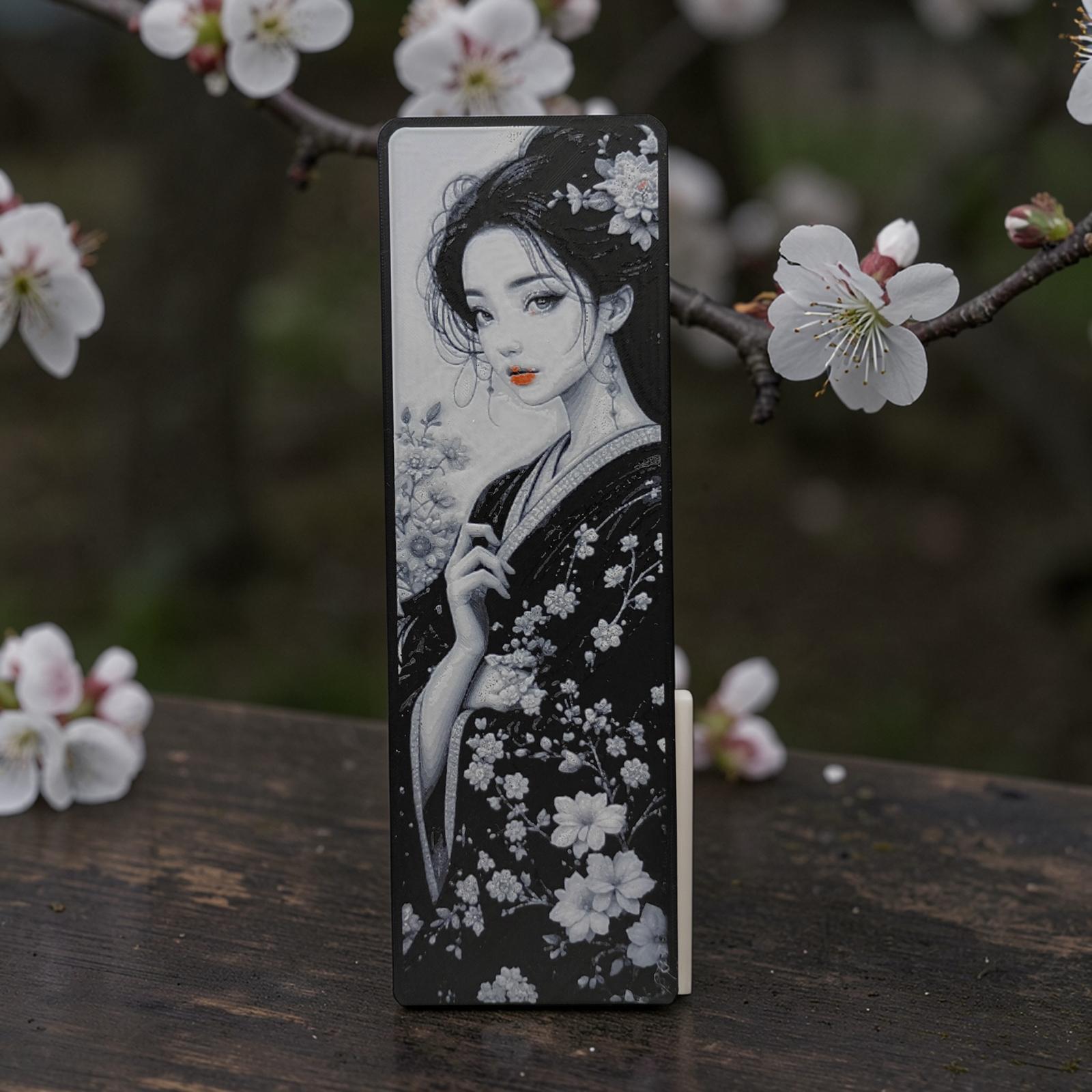 Marque-page femme japonaise sakura en impression 3D noir et blanc avec touches rouges disponible en 3 modèles