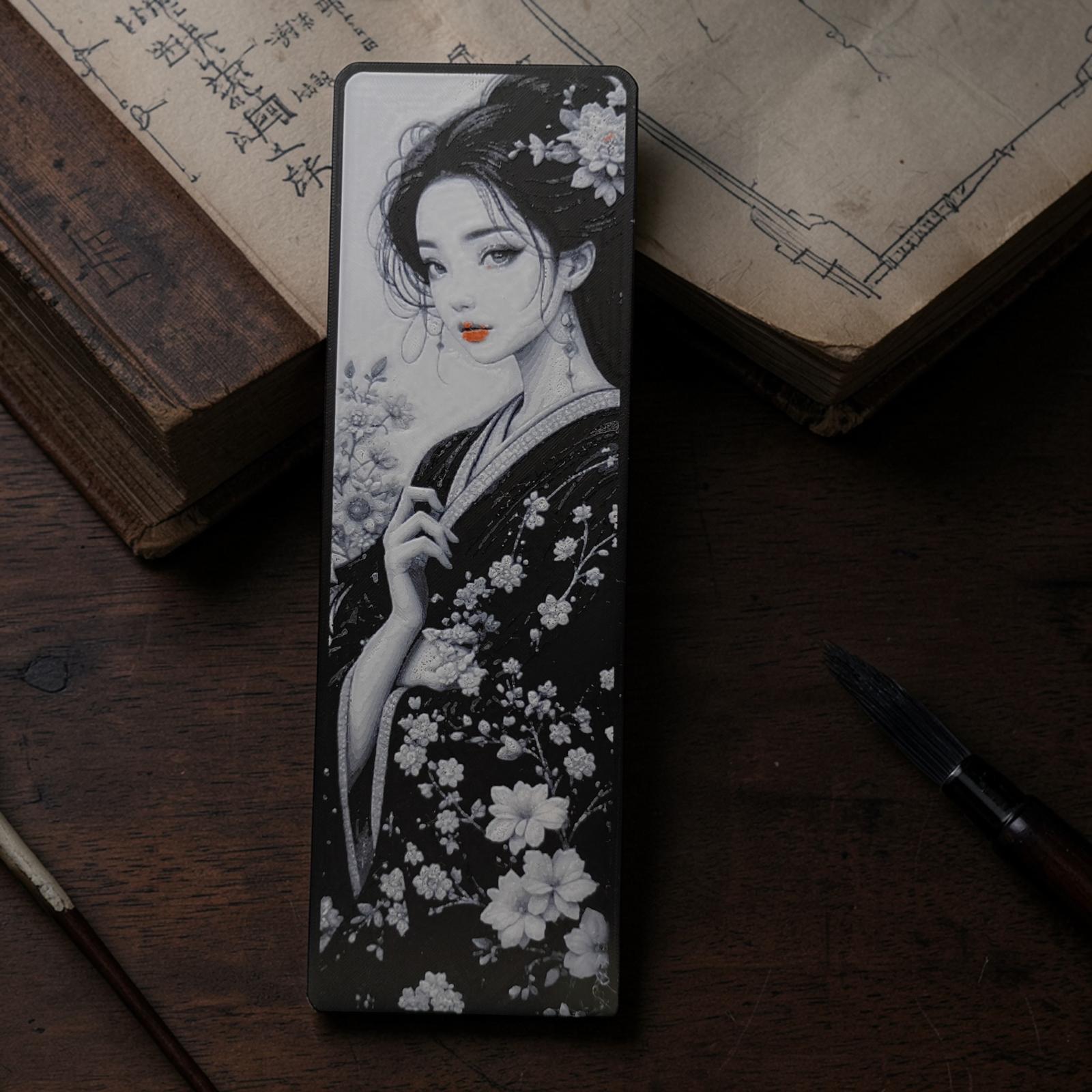 Marque-page femme japonaise sakura en impression 3D noir et blanc avec touches rouges disponible en 3 modèles