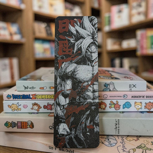 Marque-page guerrier anime sombre en impression 3D posé sur des livres manga