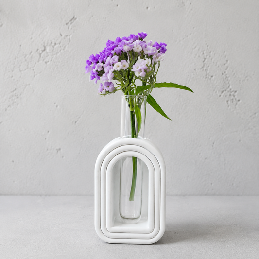 Soliflore arche minimaliste en jesmonite fait main avec fleurs séchées décoration moderne artisanale