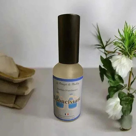 Flacon de parfums d’ambiance beige mat avec bouchon noir, étiquette blanche et bleue au design simple et élégant