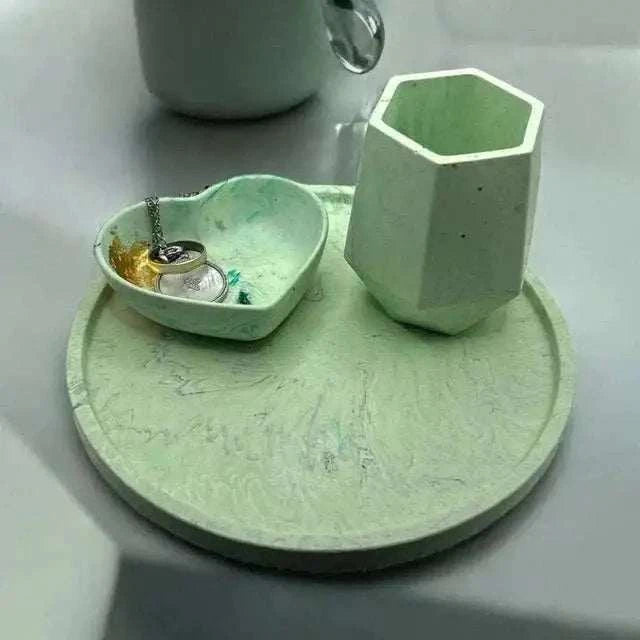 Plateau rond vert avec petit pot et vide-poche fleur en Jesmonite écoresponsable, fait main, décoration zen et naturelle