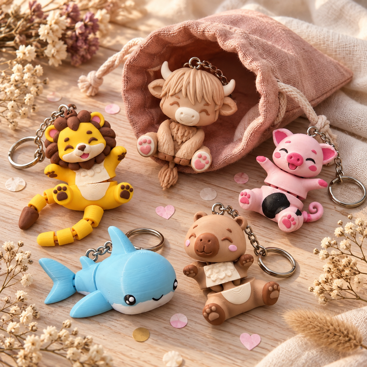 Pochette surprise avec différents porte-clés animaux articulés en PLA