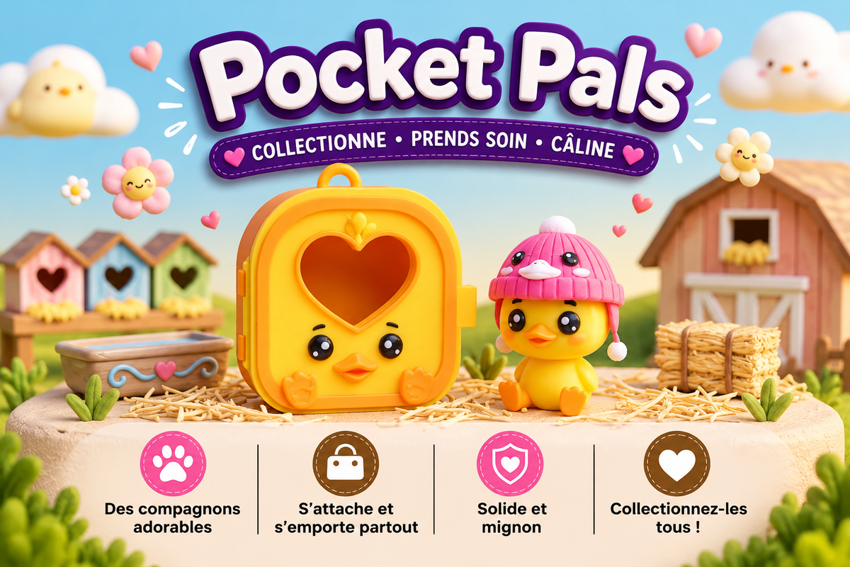 Pocket Pals Canard kawaii avec mini maison jaune et bonnet rose amovible - Epoxy Kawaii