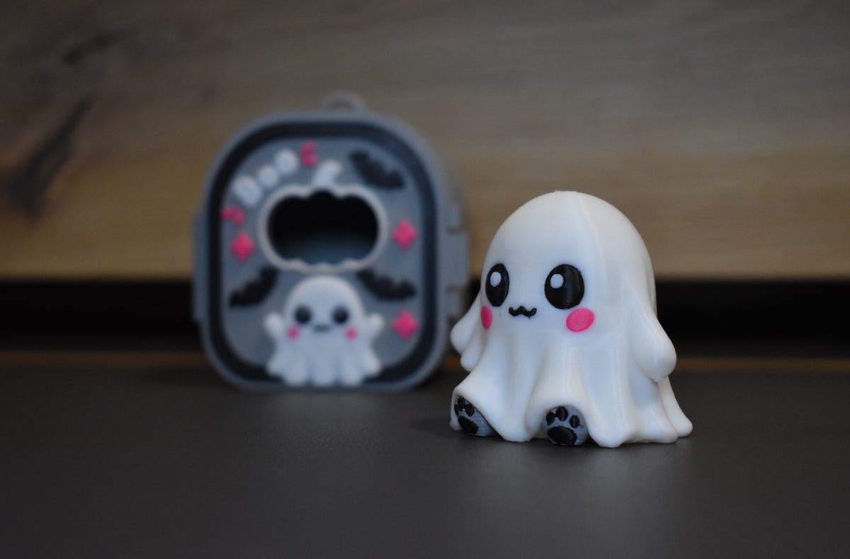 Fantôme Pocket Pals amovible devant sa maison décorée Halloween