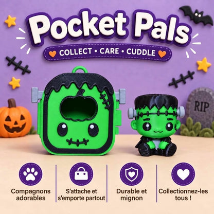 Pocket Pals Frankenstein kawaii avec sa maison verte pour Halloween