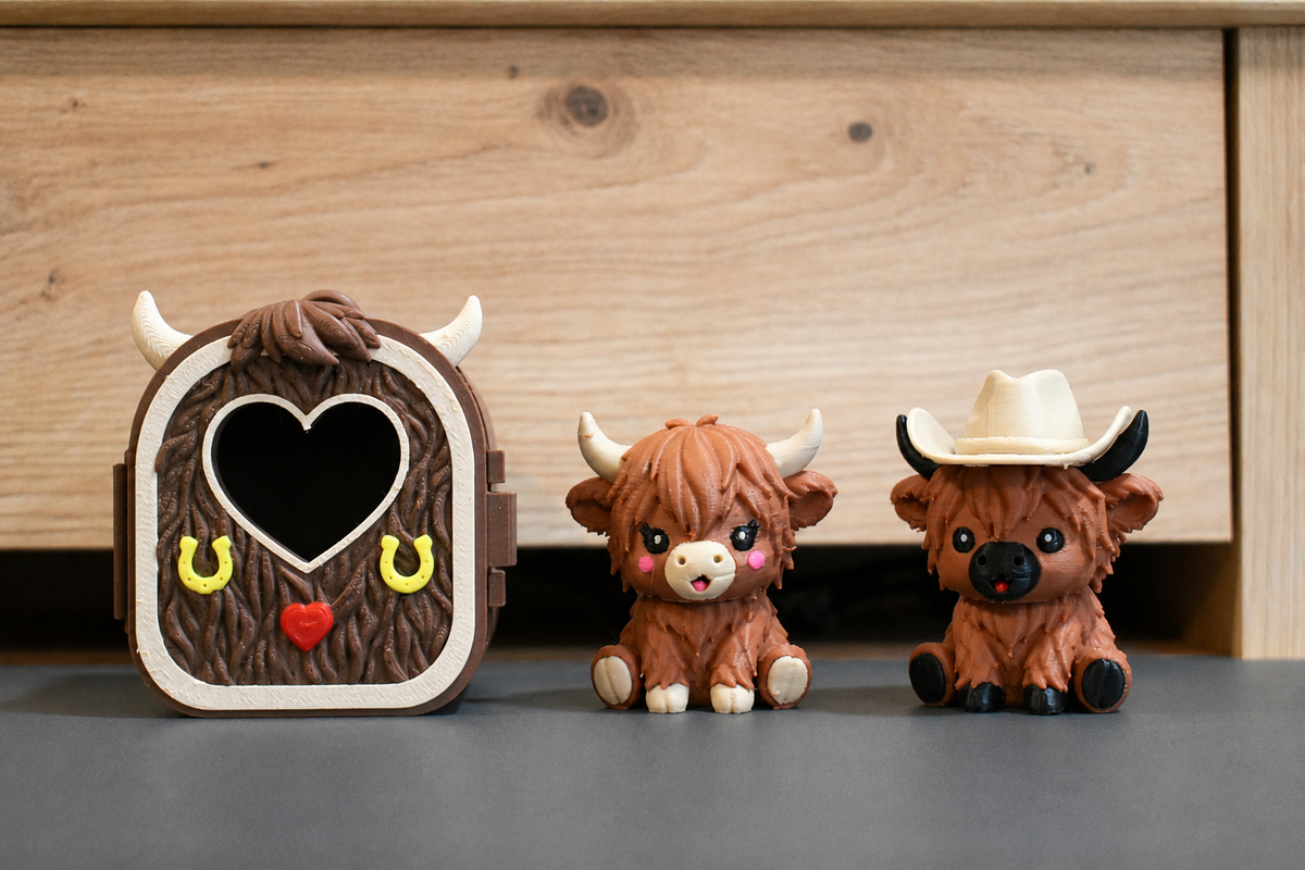 Pocket Pals Highland Cow comparatif des deux modèles avec mini maison, sans chapeau et avec chapeau cowboy