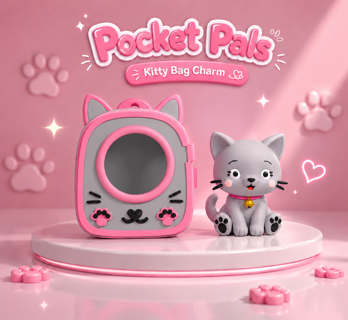Pocket Pals Kitty Bag Charm chat gris et mini sac rose kawaii