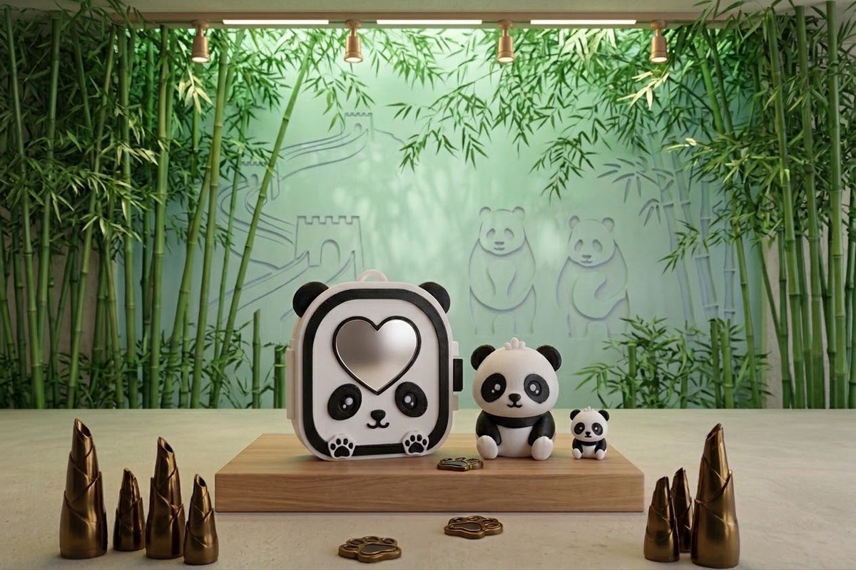 Mise en scène Pocket Pals Panda dans un décor bambou