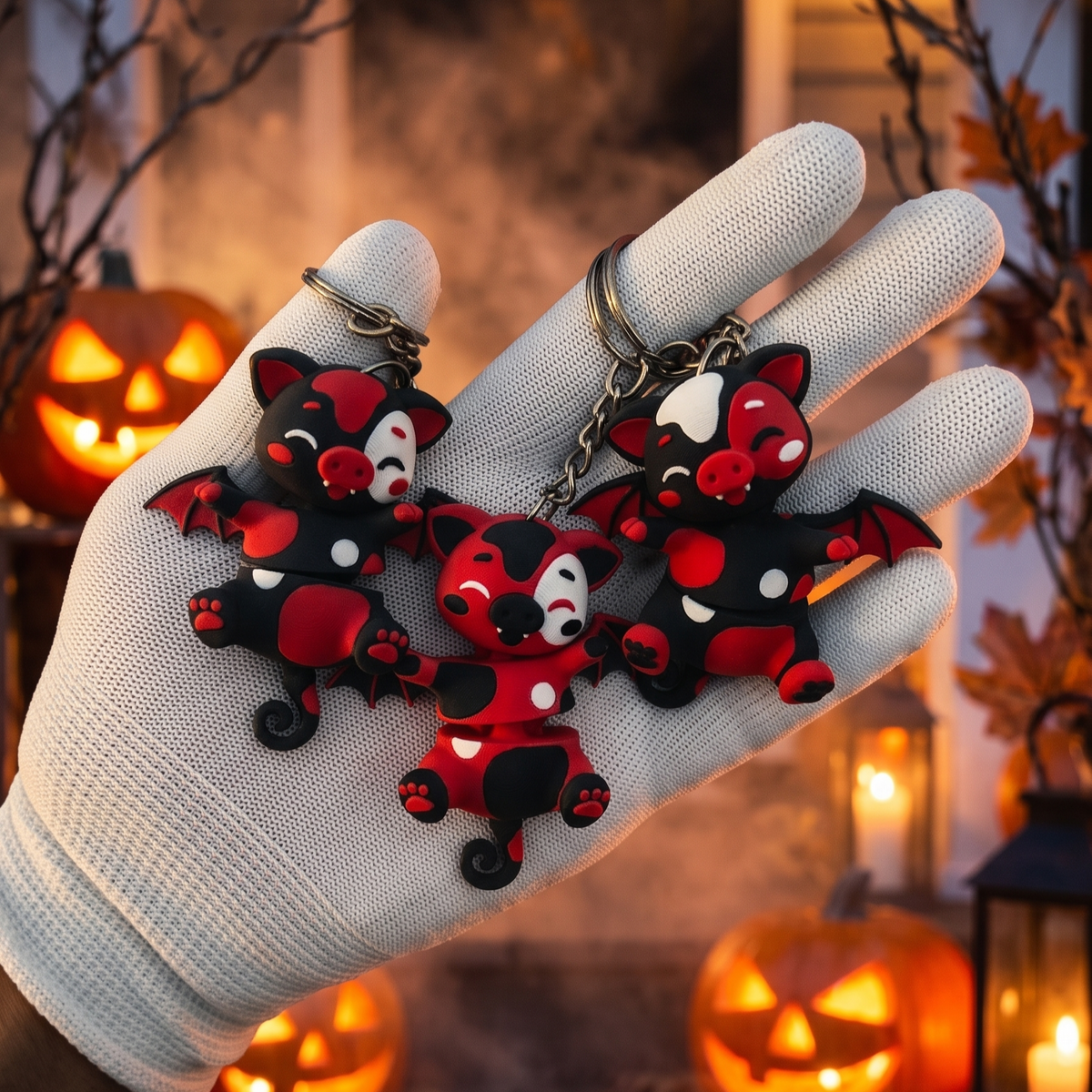 Porte-clés Bat Pig Halloween Fluffy Tails – trois modèles rouge noir et blanc