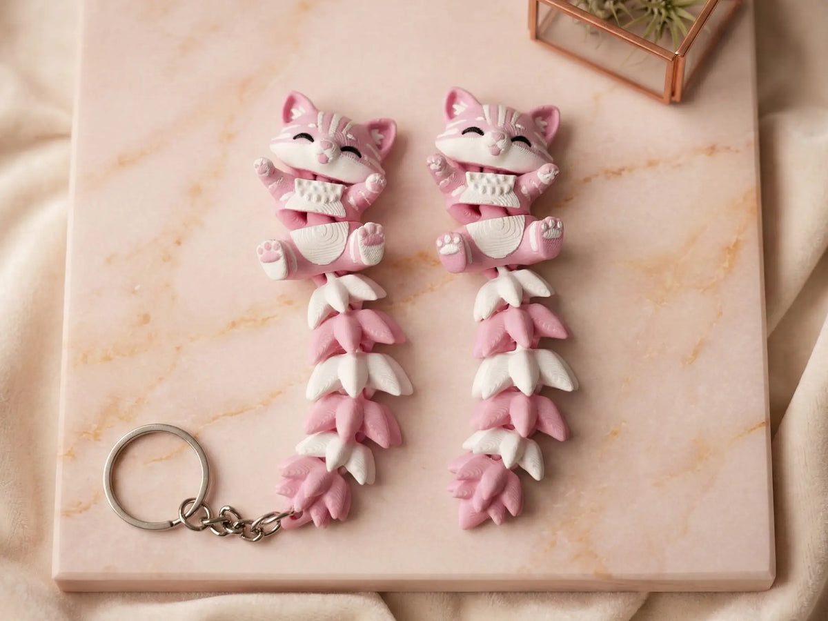 Porte-clé chat articulé 3D rose et blanc avec longue queue fluffy flexible