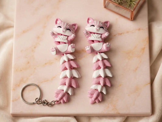 Porte-clé chat articulé 3D rose et blanc avec longue queue fluffy flexible