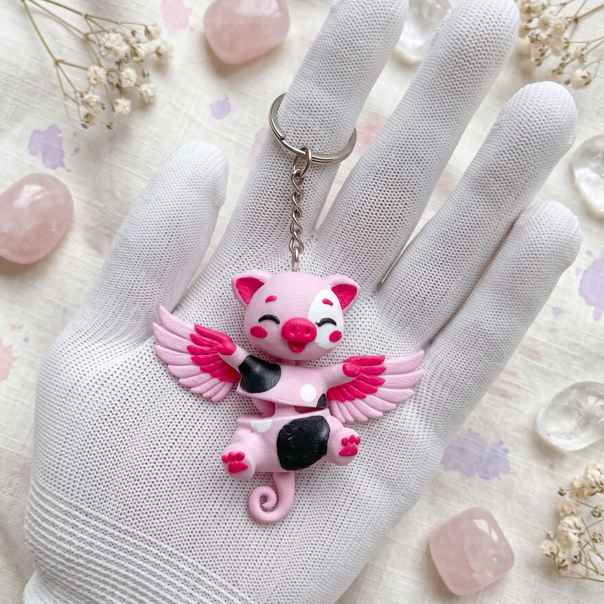Porte-clé cochon ailé flexi articulé bicolore rose blanc et noir Epoxy Kawaii