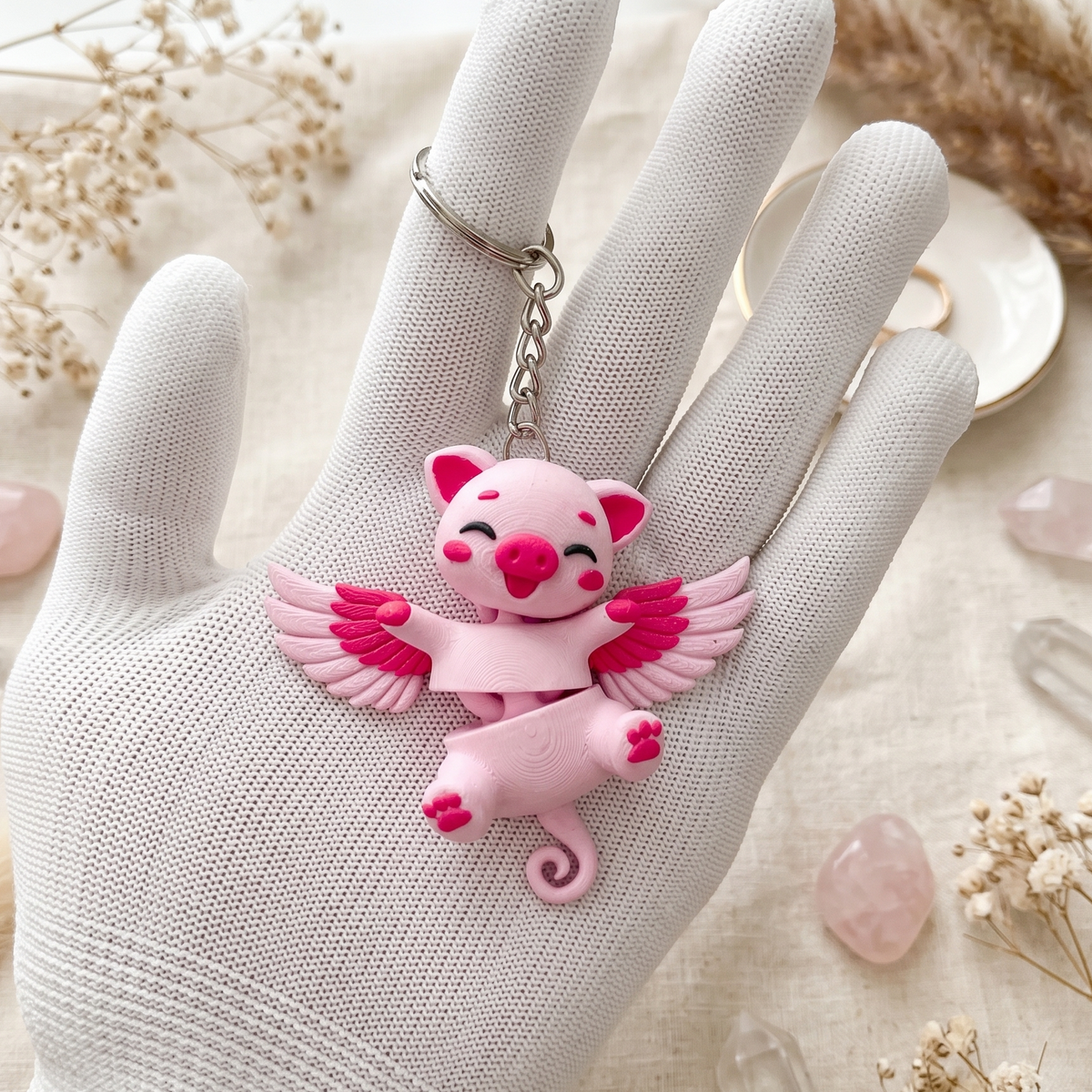 Porte-clé cochon ailé rose flexi articulé avec ailes kawaii Epoxy Kawaii