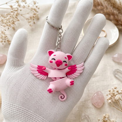Porte-clé cochon ailé rose flexi articulé avec ailes kawaii Epoxy Kawaii