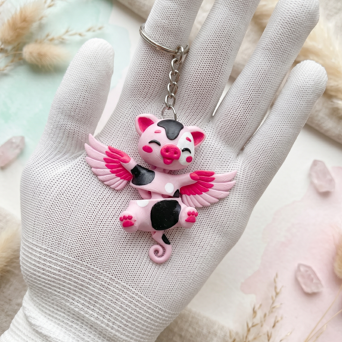 Porte-clé cochon ailé flexi articulé rose à taches noires Epoxy Kawaii