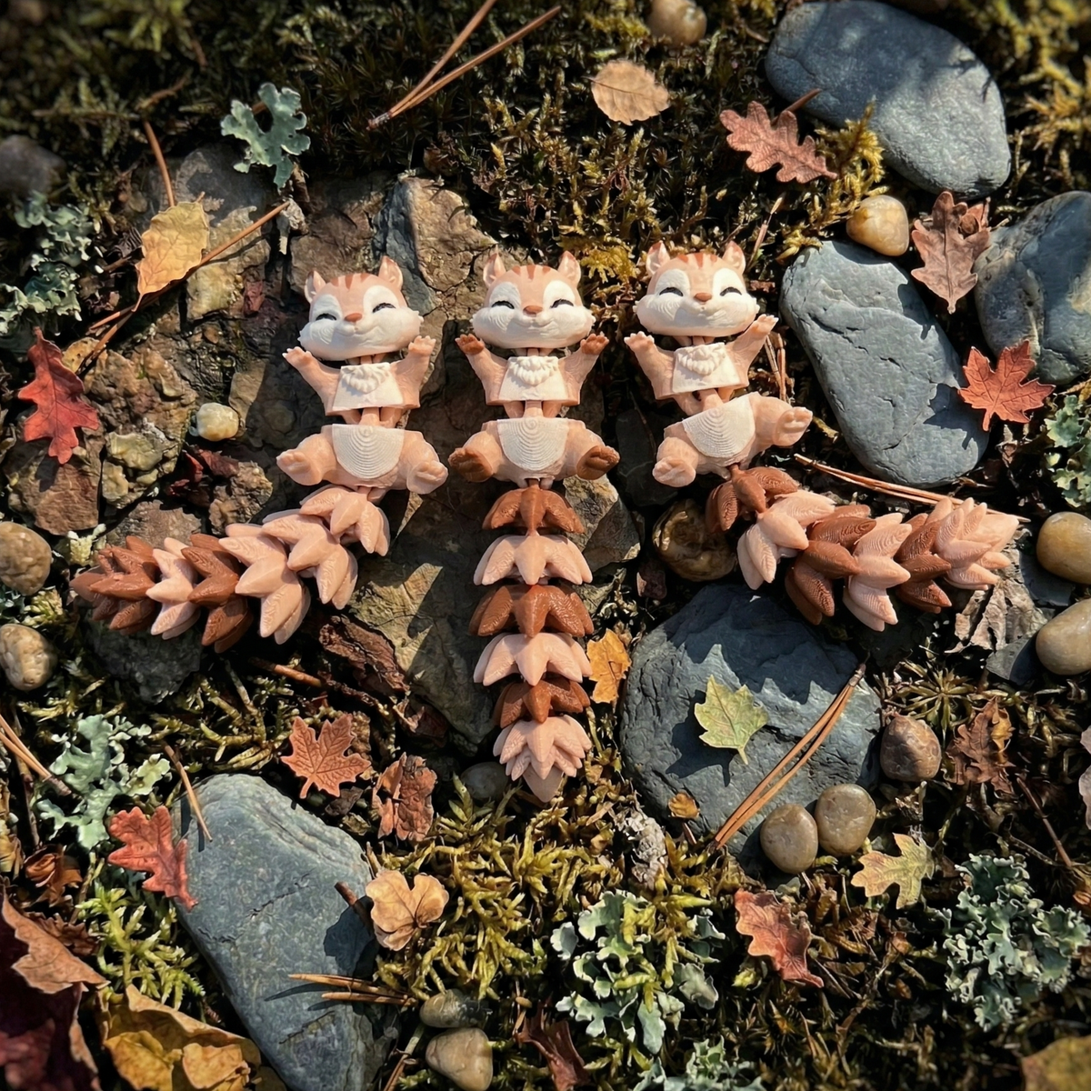 Porte-clés écureuil kawaii à queue articulée dans un décor forestier d’automne