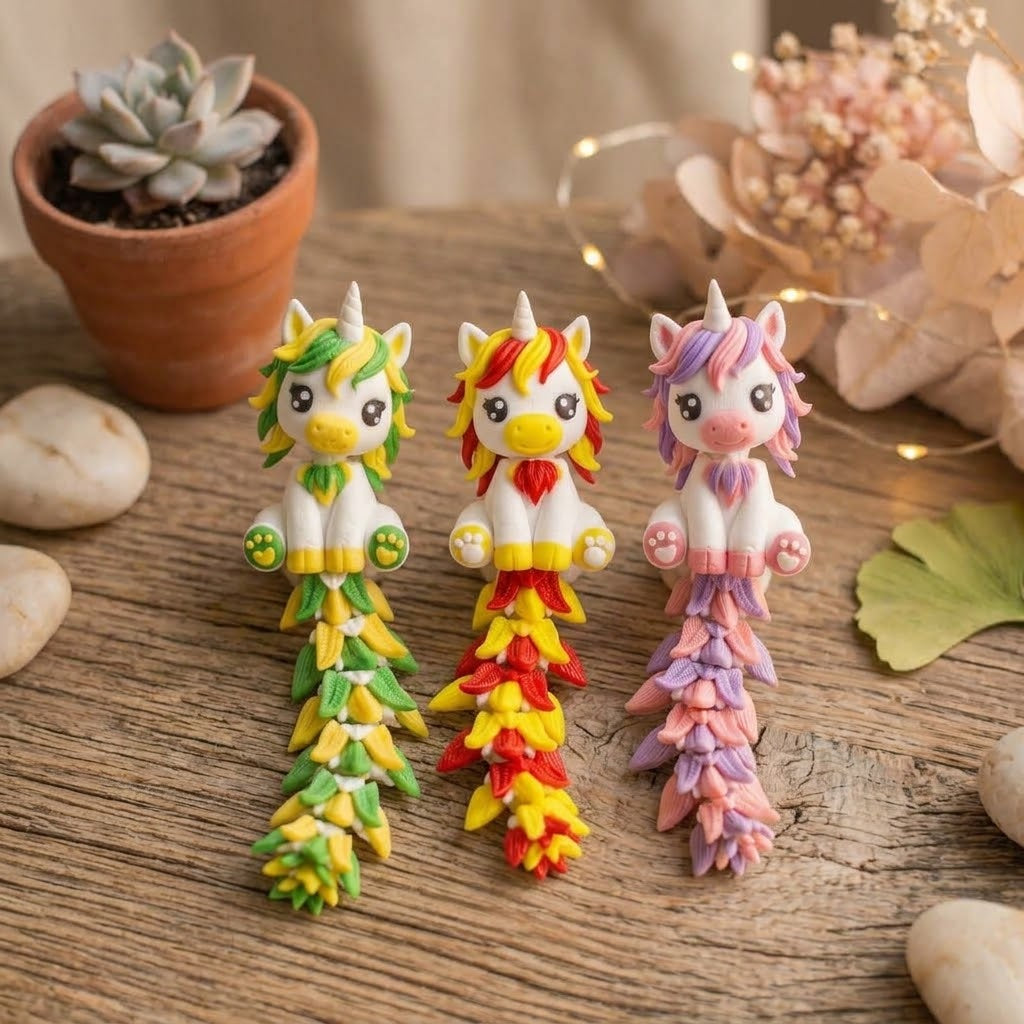 Trois porte-clés licorne articulés en impression 3D, modèles vert, rouge et rose