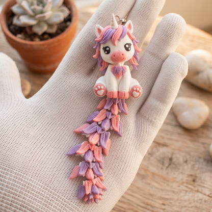 Porte-clé licorne kawaii rose et mauve fabriquée en impression 3D