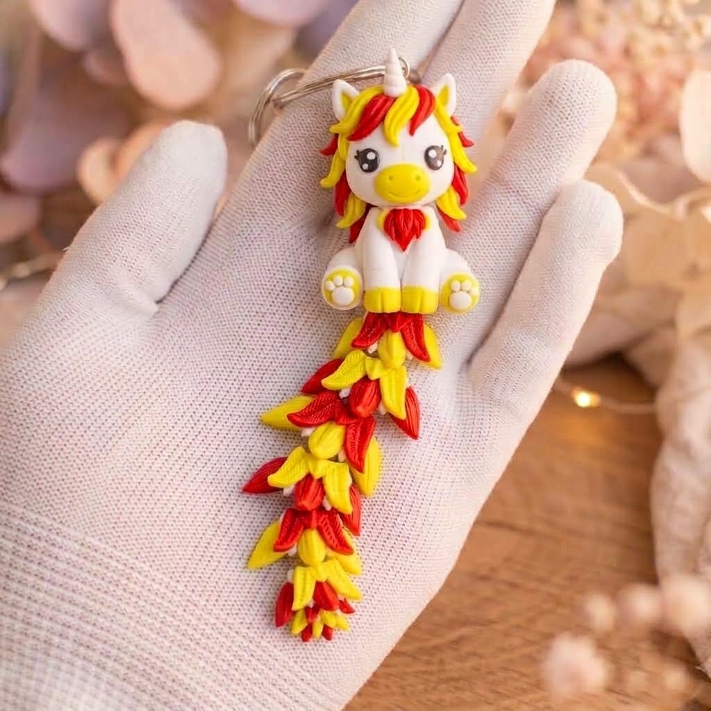 Porte-clé licorne articulée rouge et jaune avec chaînette métallique